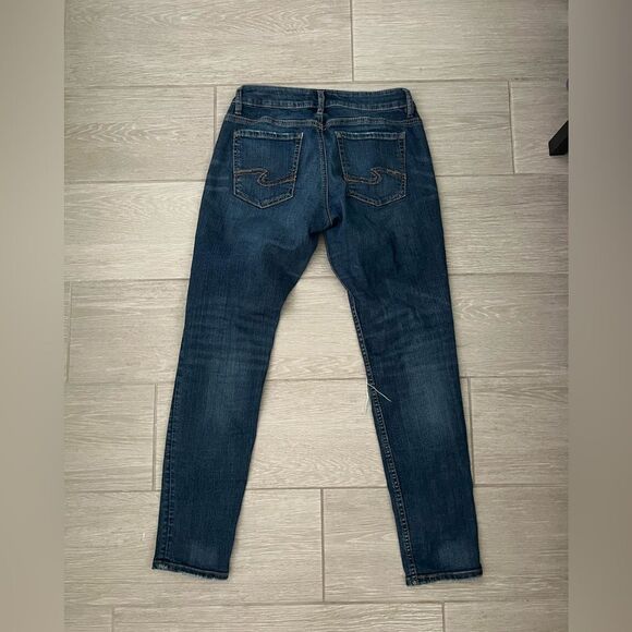 Silver Jeans Distressed Blue Dark Wash Sam Boyfriend Mid Rise Jeans 27 / 27 - Picture 5 of 7